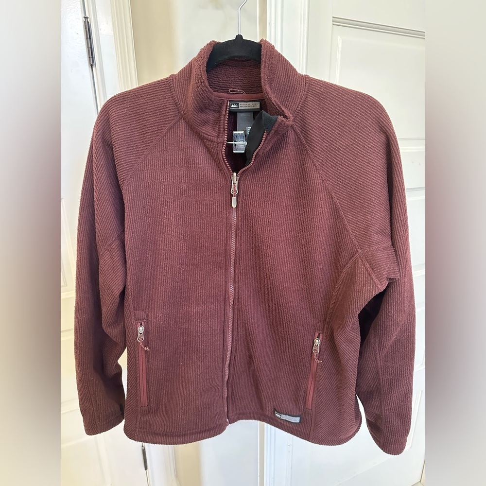 REI Women’s L Jacket Full Zip Fleece Lined Mock Neck Burgundy Polartec Outdoor